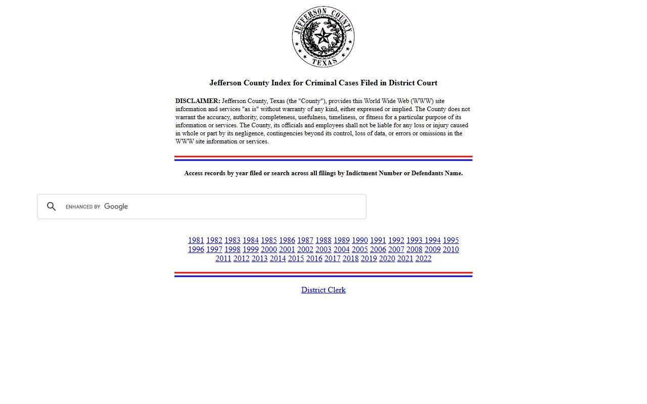 Jefferson County District Clerk criminal index for court records after a jail arrest
