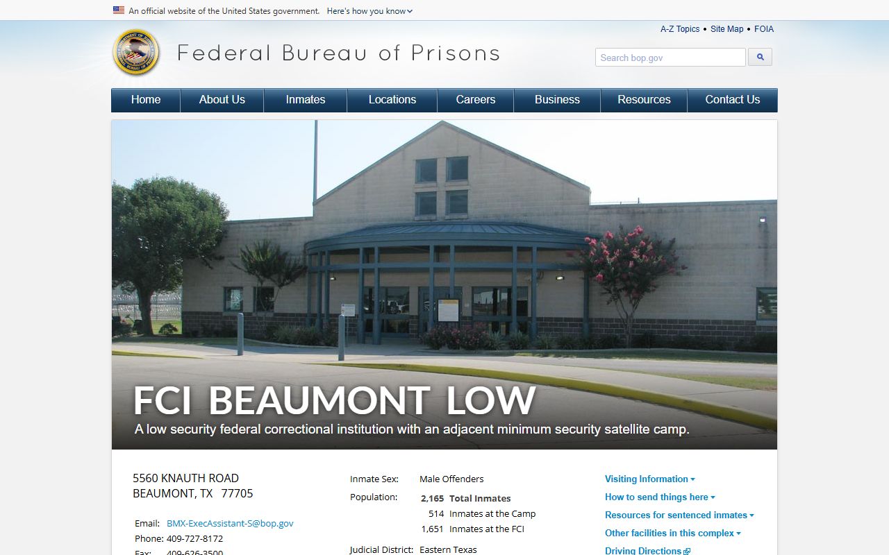 FCI Beaumont Low federal inmate facility page in Jefferson County