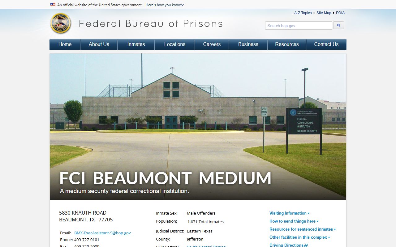 FCI Beaumont Medium federal inmate facility page in Jefferson County