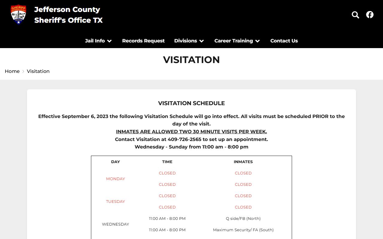 Jefferson County inmate visitation schedule for jail records users