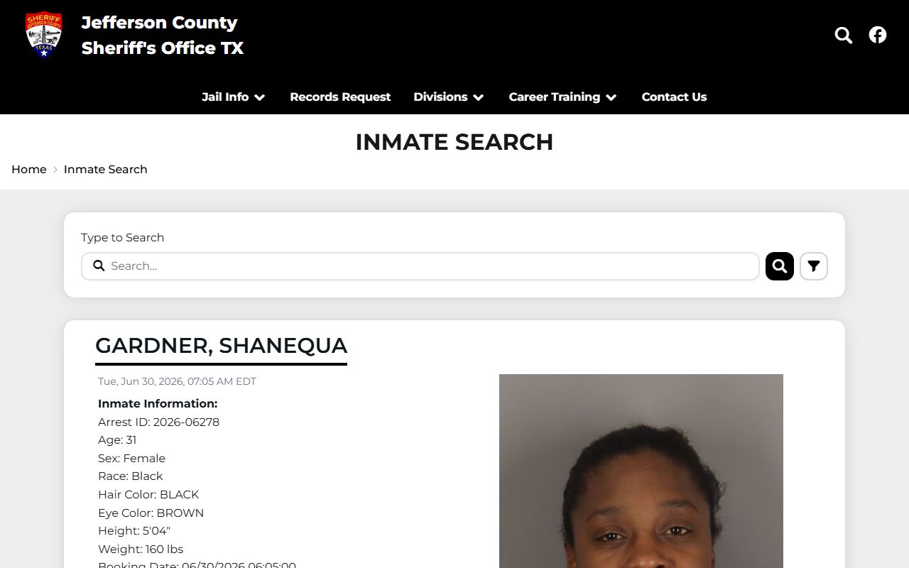 Jefferson County inmate records search interface on the sheriff roster