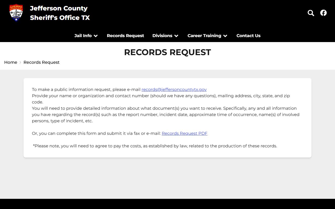 Jefferson County inmate records request page