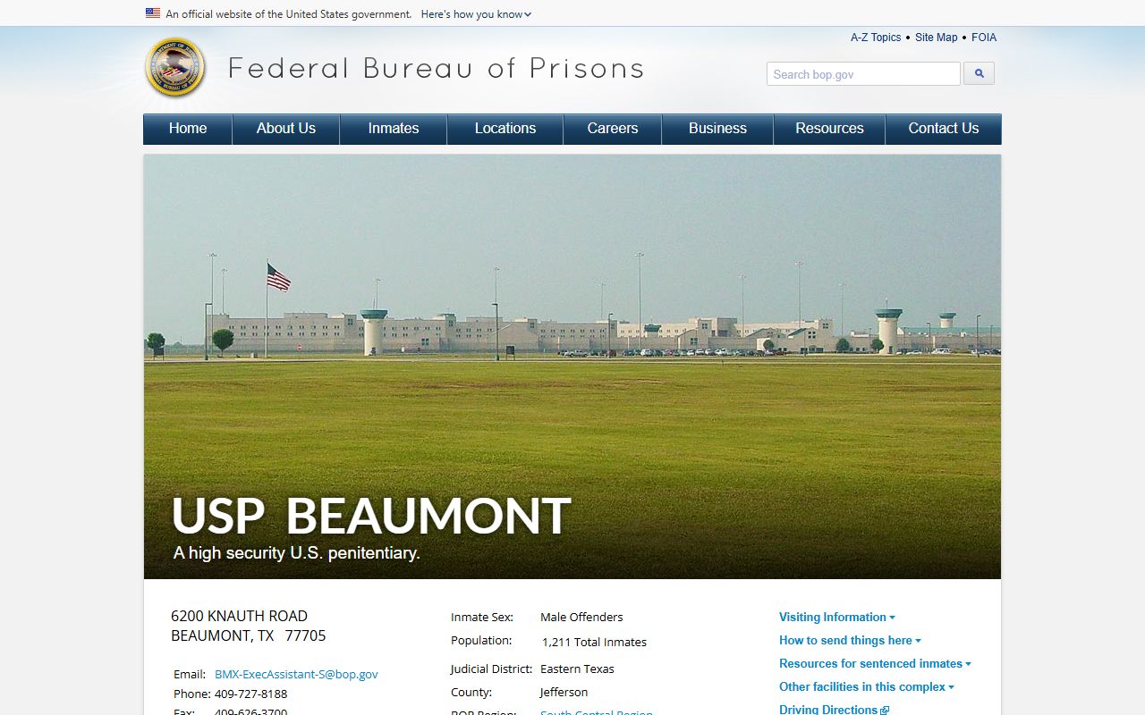 USP Beaumont federal inmate facility page in Jefferson County